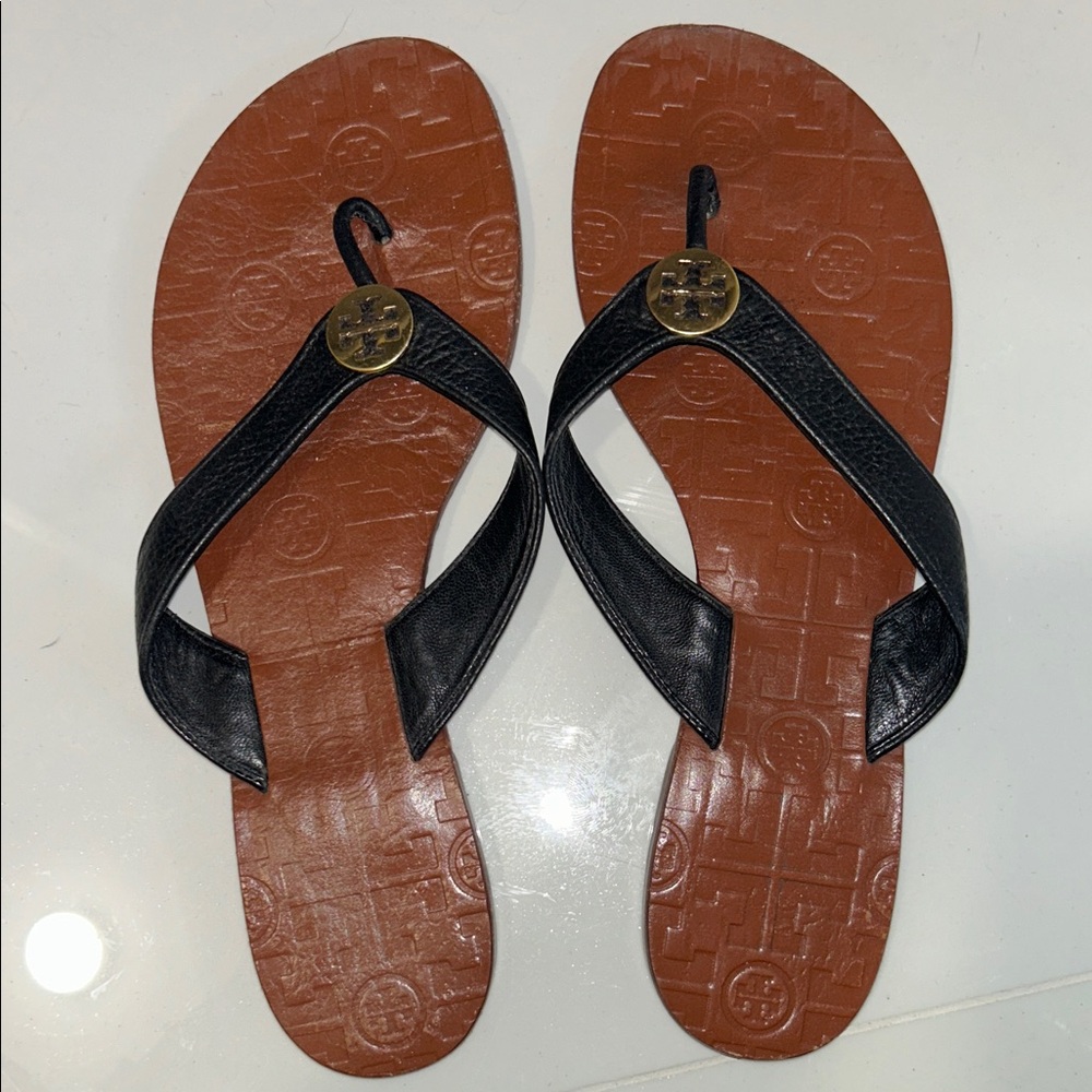 Tory Burch Black and Brown Leather Sandals